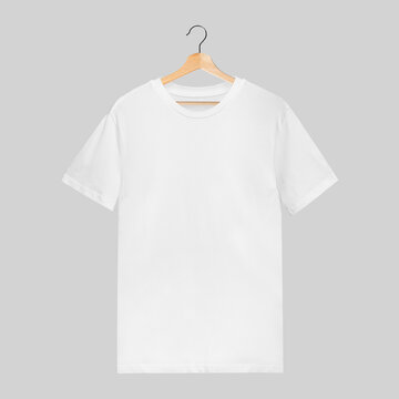 Simple white male t-shirt mockup on a wooden hanger