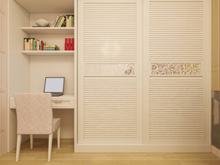 elegant and modern bedroom design, big bed with overcoat cabinet