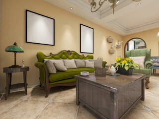 spacious living room design of modern residence, with sofa, tea table, decorative painting, etc
