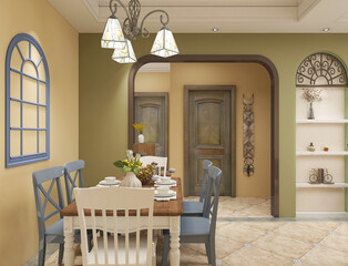 spacious dining room design next to the modern kitchen, with a beautiful dining table and greenery