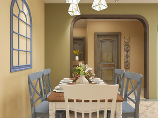 spacious dining room design next to the modern kitchen, with a beautiful dining table and greenery