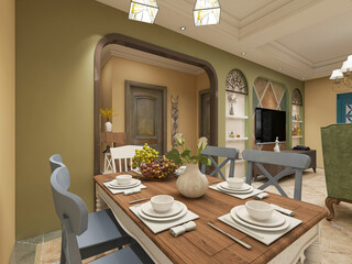 spacious dining room design next to the modern kitchen, with a beautiful dining table and greenery