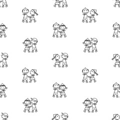 Seamless pattern of outlines cheerful cartoon kids skating