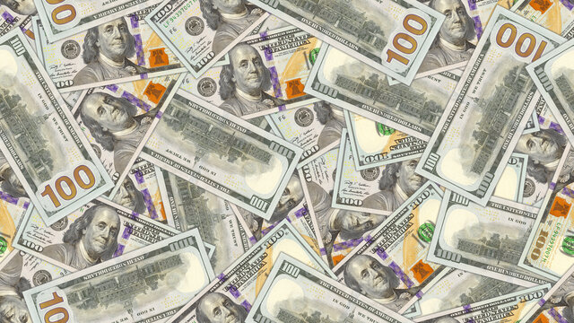 Illustration of a rectangular seamless pattern or wallpaper. Paper money of the USA. Randomly scattered banknotes of 100 dollars