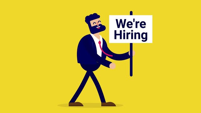 we're hiring animation - Funny cartoon businessman walking with recruitment sign smiling looking for new business people.