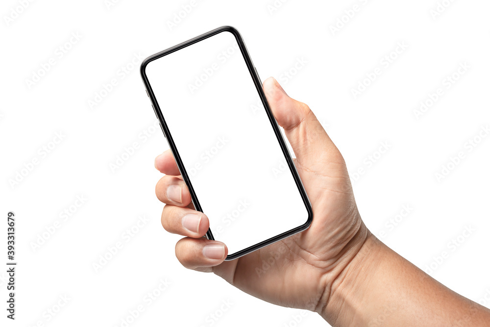 Poster blank screen new smartphone model on hand isolated with clipping path