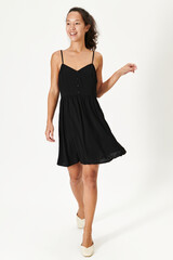 Happy asian woman in a black dress mockup