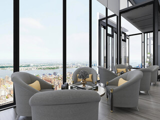 The beginning of modern design is the reception room with large French windows and tables. Suitable...
