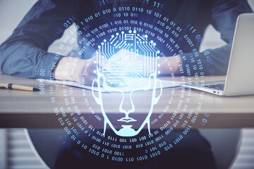 Brain multi exposure icon with man hands background.