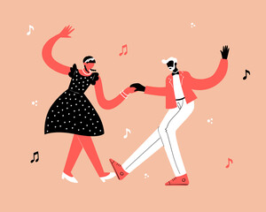 Retro party dance concept. Black young couple dancing swing, lindy hop, rock n roll. 
