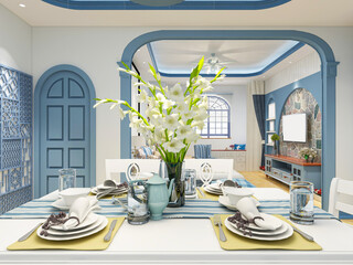 spacious dining room design next to the modern kitchen, with a beautiful dining table and greenery