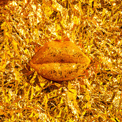 Minimal fashion glitter golden lips in golden paper space. Make-up style, holiday, party creative concept