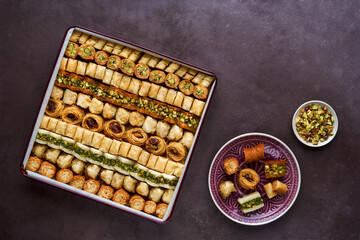 Baklava with walnut and pistachio, Turkish , arabic dessert .Top view