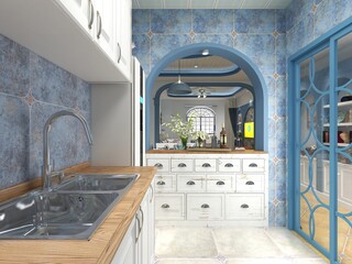 ,Modern family kitchen design, new cabinets and kitchenware with refrigerators, sunlight from the window.