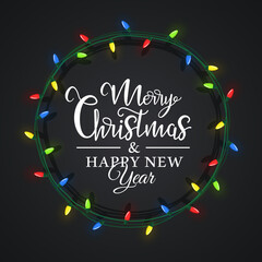 Christmas light is located in a circle, inside there is a holiday lettering on a black background. Christmas card in flat style. Vector illustration