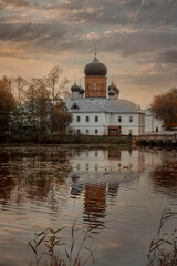 Fototapeta na wymiar Holy Vvedensky island hermitage - Orthodox female monastery on island on Vvedensky lake, Pokrov, Russia