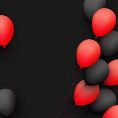 Black and red balloons with threads on black background.