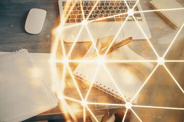 Social network theme hologram over woman's hands writing background. Concept of international people connect. Double exposure