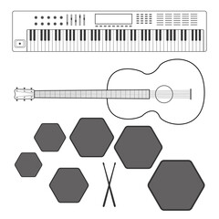 Musical Instruments: Keyboards, Guitar, Drummers, Vector Illustration