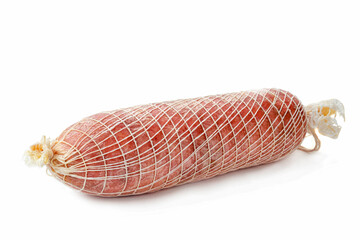 Fototapeta premium Stick of smoked salami sausage isolated on a white background