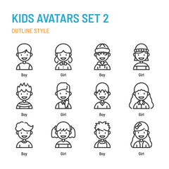 Kids avatars in outline icon and symbol set