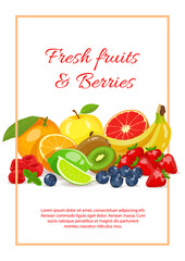 Fresh fruits and berries. Fresh fruits, Natural food, Detox, Healthy eating, Vegan concept. A4 vector illustration for poster, banner, flyer, menu, cover, advertising.