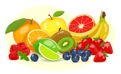 Fresh fruits and berries. Fresh fruits, Natural food, Detox, Healthy eating, Vegan concept. Isolated vector illustration for poster, banner, flyer, menu, cover, advertising.