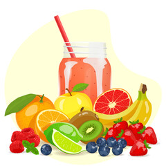 Smoothie with fresh fruits and berries. Fresh fruits, Natural food, Detox, Healthy eating, Vegan concept. Isolated vector illustration for poster, banner, flyer, menu, cover, advertising.