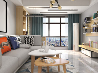 spacious living room design of modern residence, with sofa, tea table, decorative painting, etc