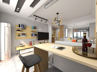 spacious living room design of modern residence, with sofa, tea table, decorative painting, etc