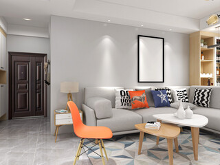 spacious living room design of modern residence, with sofa, tea table, decorative painting, etc