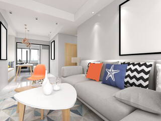 spacious living room design of modern residence, with sofa, tea table, decorative painting, etc