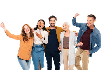 Obraz premium Multiethnic friends smiling while embracing isolated on white