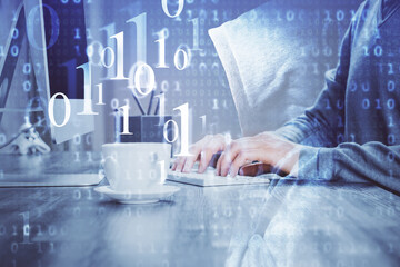 Double exposure of tech drawings with hands working on computer background. Concept of innovation.