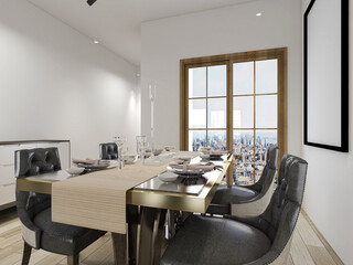 spacious dining room design next to the modern kitchen, with a beautiful dining table and greenery