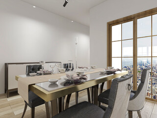 spacious dining room design next to the modern kitchen, with a beautiful dining table and greenery