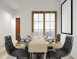 spacious dining room design next to the modern kitchen, with a beautiful dining table and greenery
