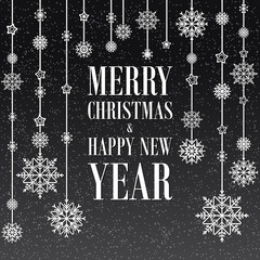 Merry Christmas vector card with white lettering and snowflakes decoration isolated on black background. Elegant design for advertising, promotion, flyer, invitation, poster