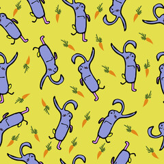 cute hare with carrot seamless pattern on yellow background. seamless pattern with balloons