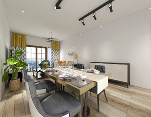 spacious dining room design next to the modern kitchen, with a beautiful dining table and greenery