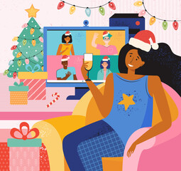 Happy friends celebrate Christmas and new year. Fun home online party. Girl in a Santa hat communicates with friends through a video call. People meeting online via video conference on a computer