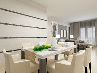 spacious dining room design next to the modern kitchen, with a beautiful dining table and greenery