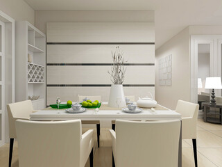 spacious dining room design next to the modern kitchen, with a beautiful dining table and greenery