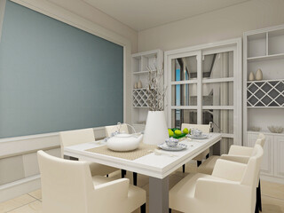 spacious dining room design next to the modern kitchen, with a beautiful dining table and greenery