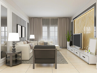spacious living room design of modern residence, with sofa, tea table, decorative painting, etc