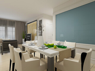 spacious dining room design next to the modern kitchen, with a beautiful dining table and greenery