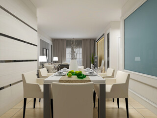 spacious dining room design next to the modern kitchen, with a beautiful dining table and greenery