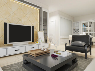 spacious living room design of modern residence, with sofa, tea table, decorative painting, etc