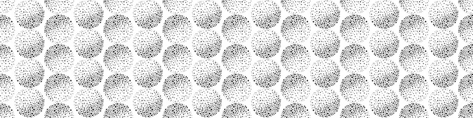 Vector border with abstract black and white dotted circles and texture shading effect. Seamless monochrome grunge style geometric banner. Round moon style sphere edging with hand drawn elements.