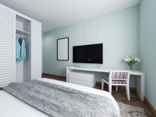 elegant and modern bedroom design, big bed with overcoat cabinet